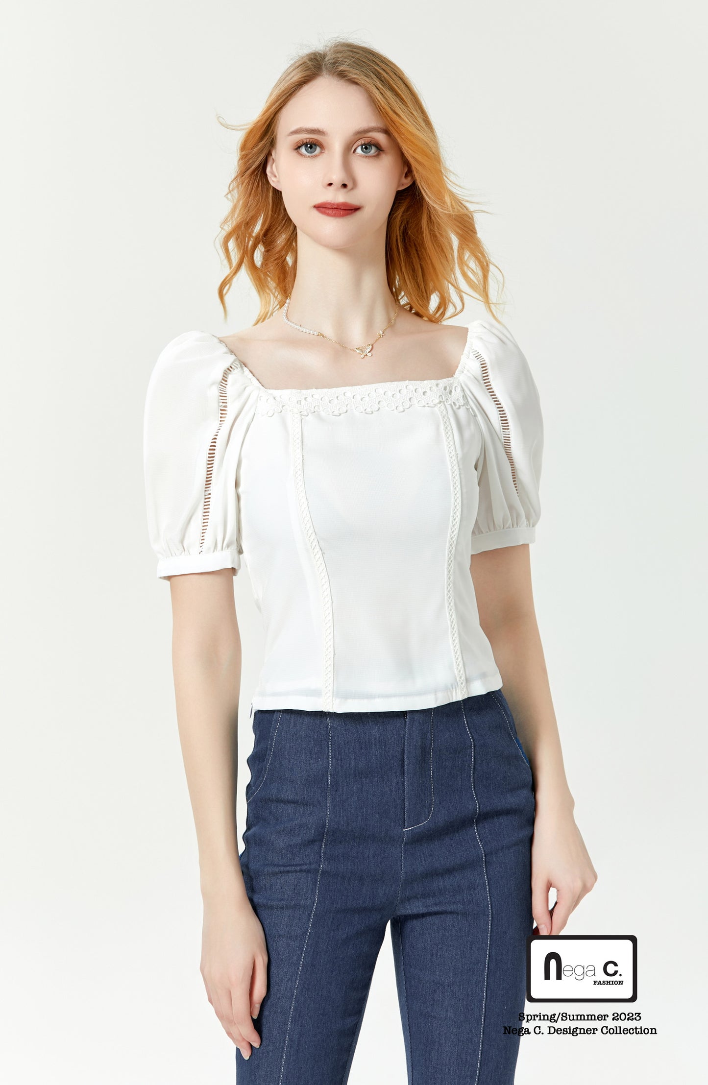 Nega C. เสื้อแขนพองลูกไม้คอเหลี่ยมหวาน | สีขาว | มีซับใน