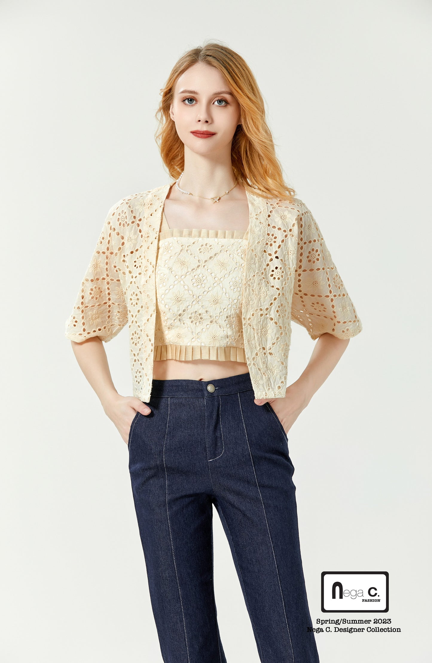 Nega C. เสื้อสายเดี่ยวลูกไม้ + เสื้อแจ็คเก็ตทูพีซ | สีแอปริคอท | มีซับใน