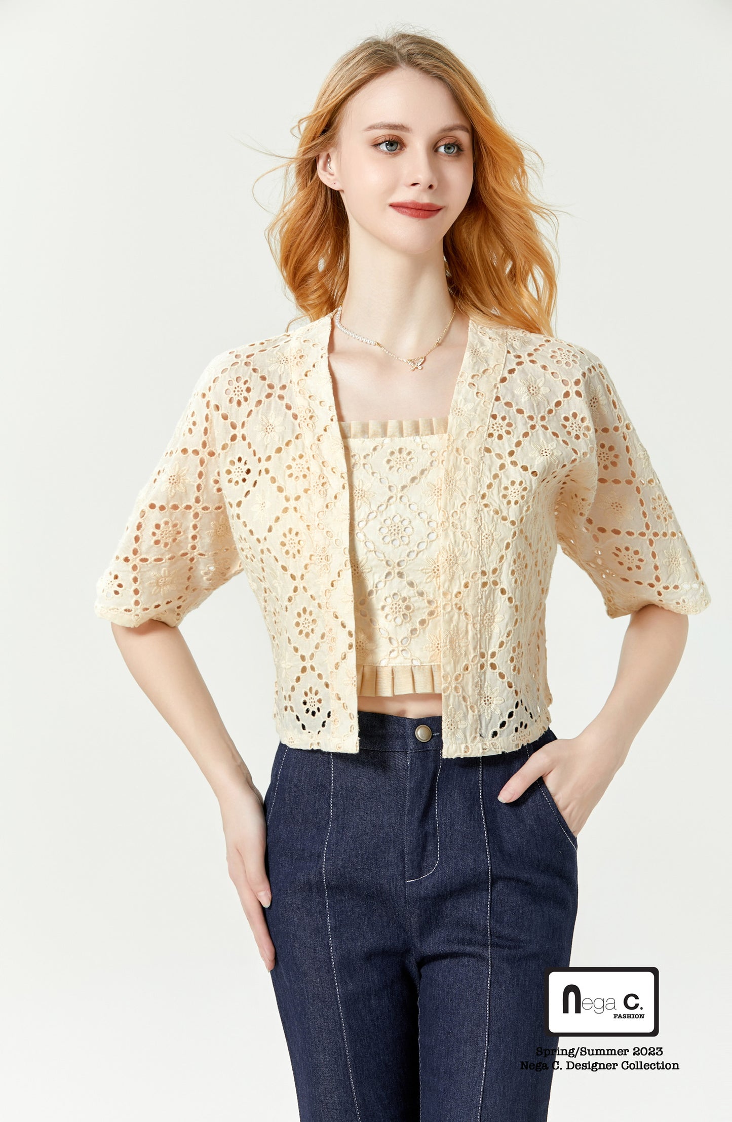 Nega C. เสื้อสายเดี่ยวลูกไม้ + เสื้อแจ็คเก็ตทูพีซ | สีแอปริคอท | มีซับใน