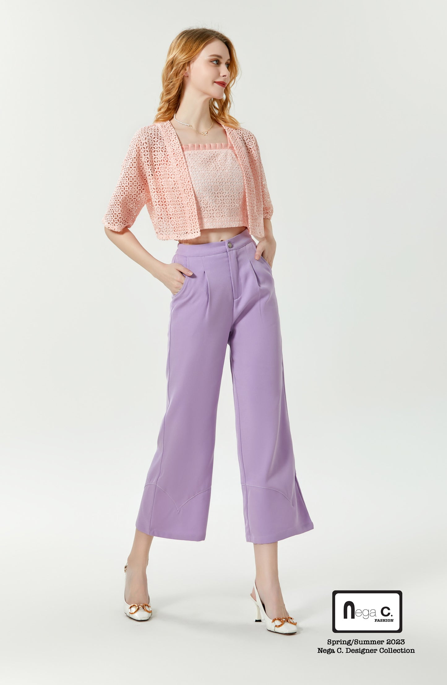 Nega C. Lace Camisole + Jacket Two-piece Set | สีชมพู | มีซับใน
