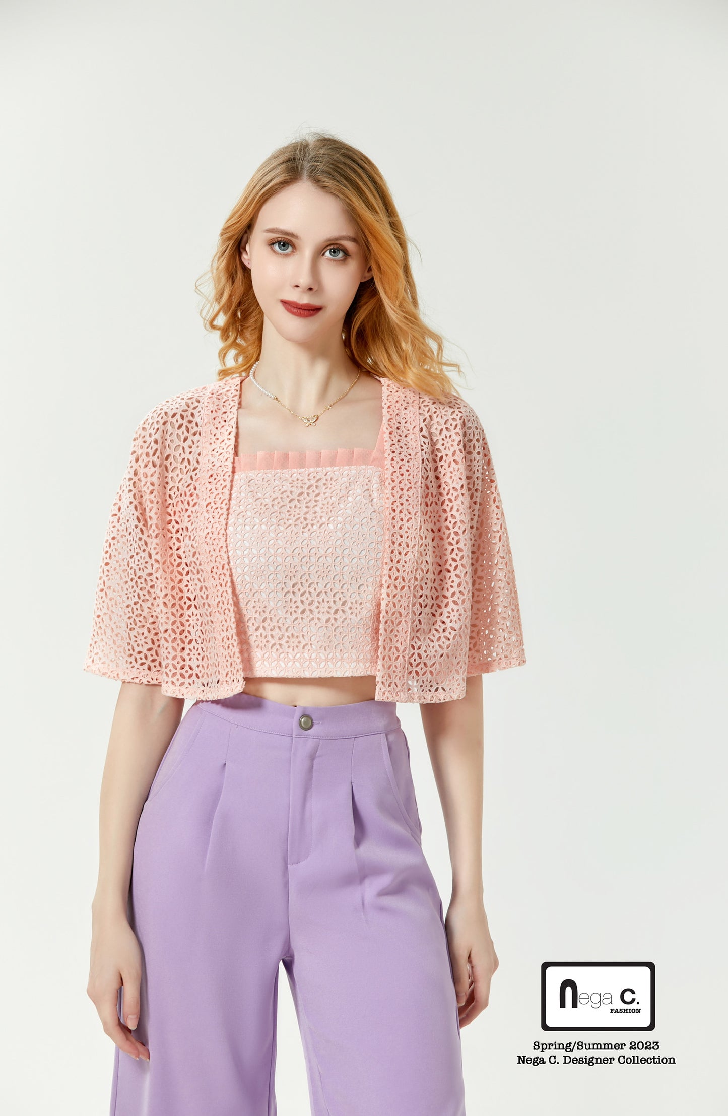 Nega C. Lace Camisole + Jacket Two-piece Set | สีชมพู | มีซับใน