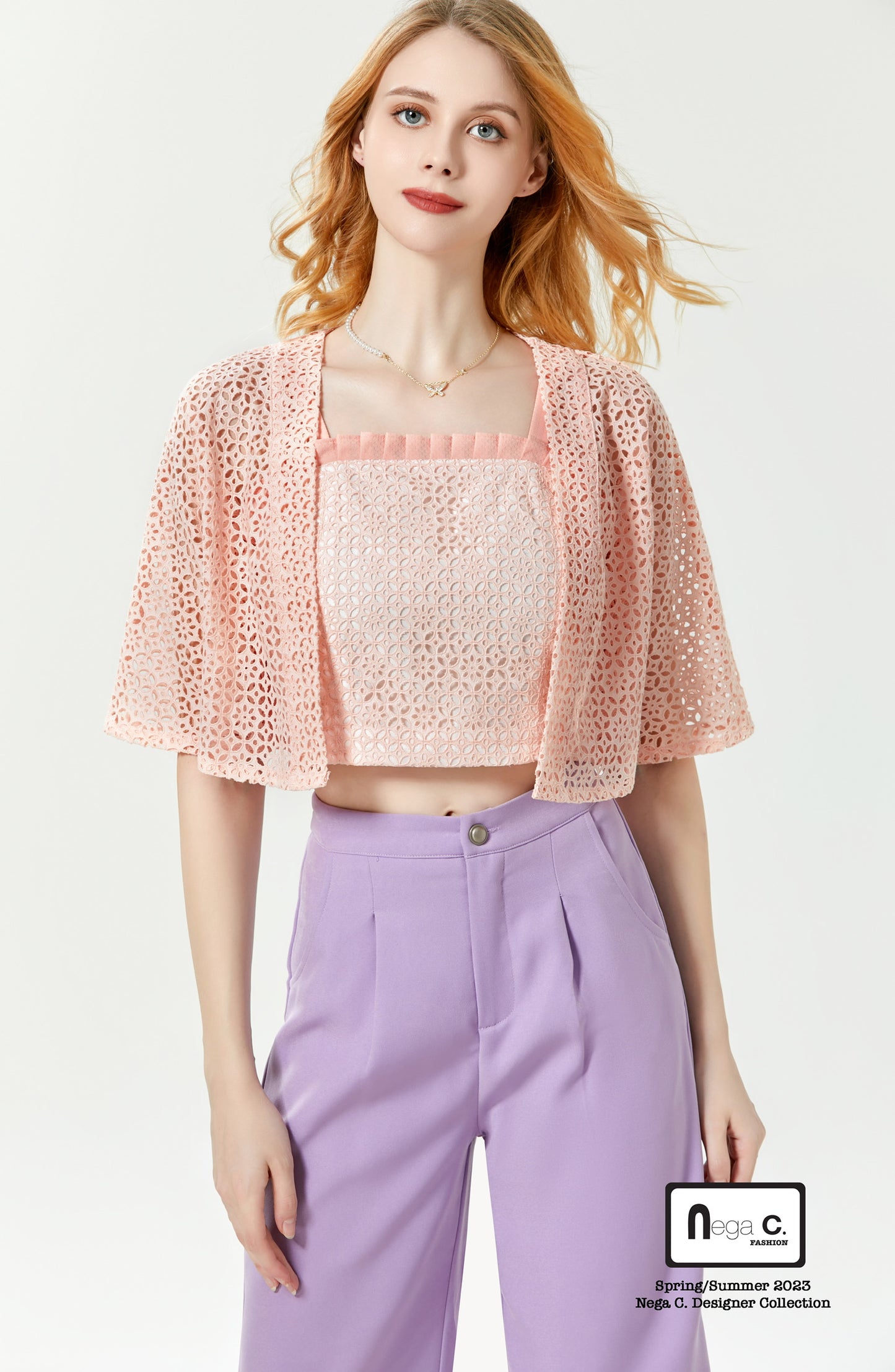 Nega C. Lace Camisole + Jacket Two-piece Set | สีชมพู | มีซับใน