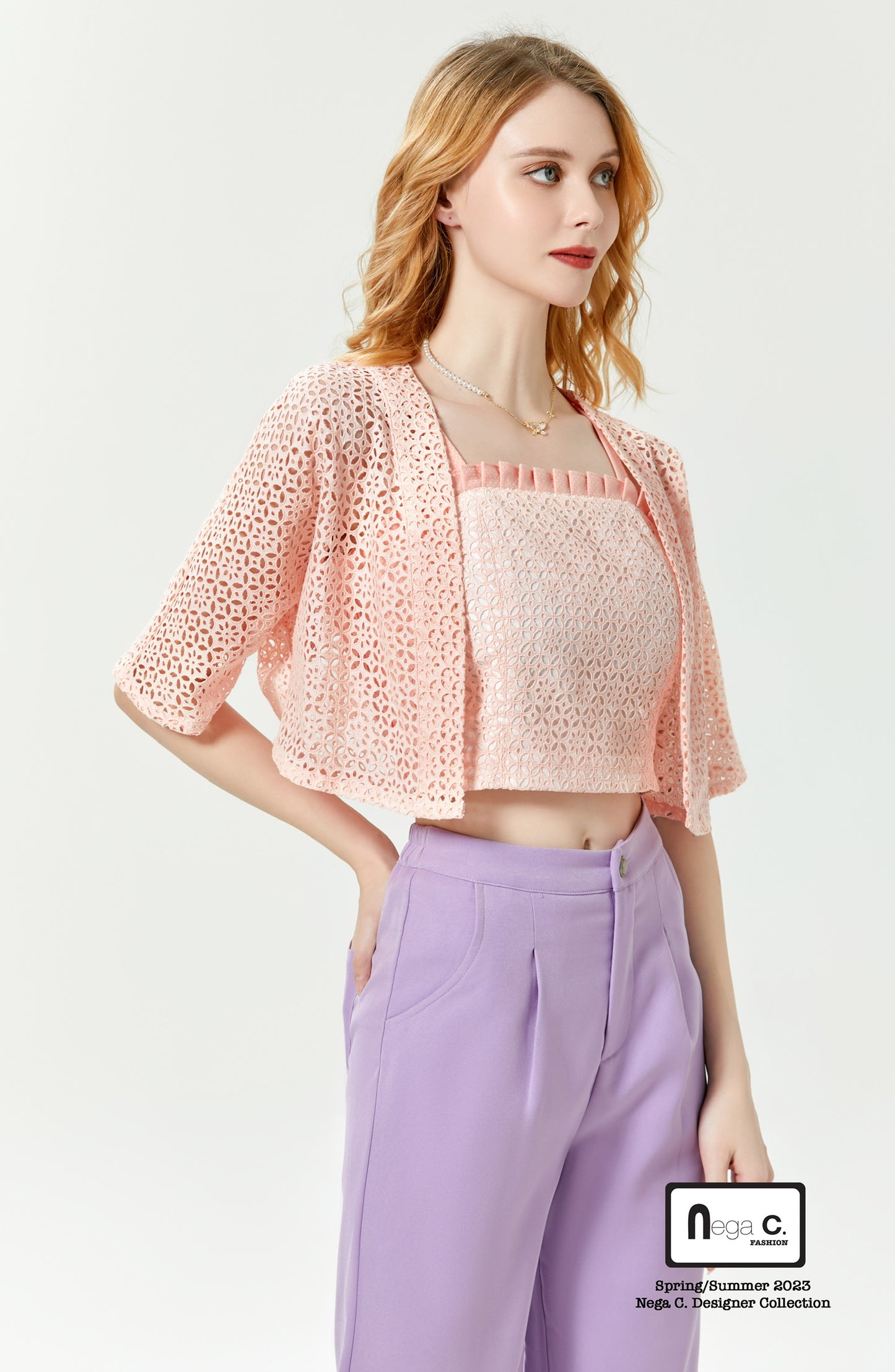 Nega C. Lace Camisole + Jacket Two-piece Set | สีชมพู | มีซับใน