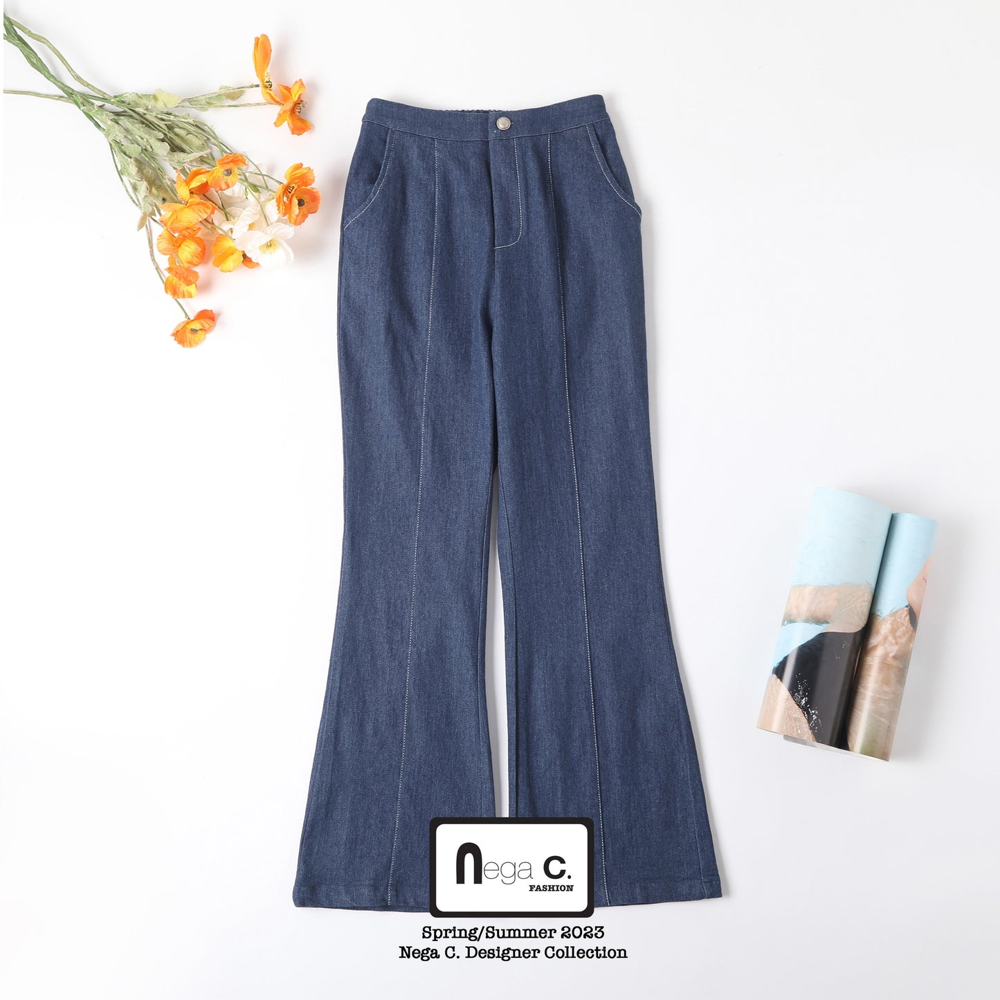 Nega C. 喇叭腳修腿牛仔褲| 淺藍色 |微彈