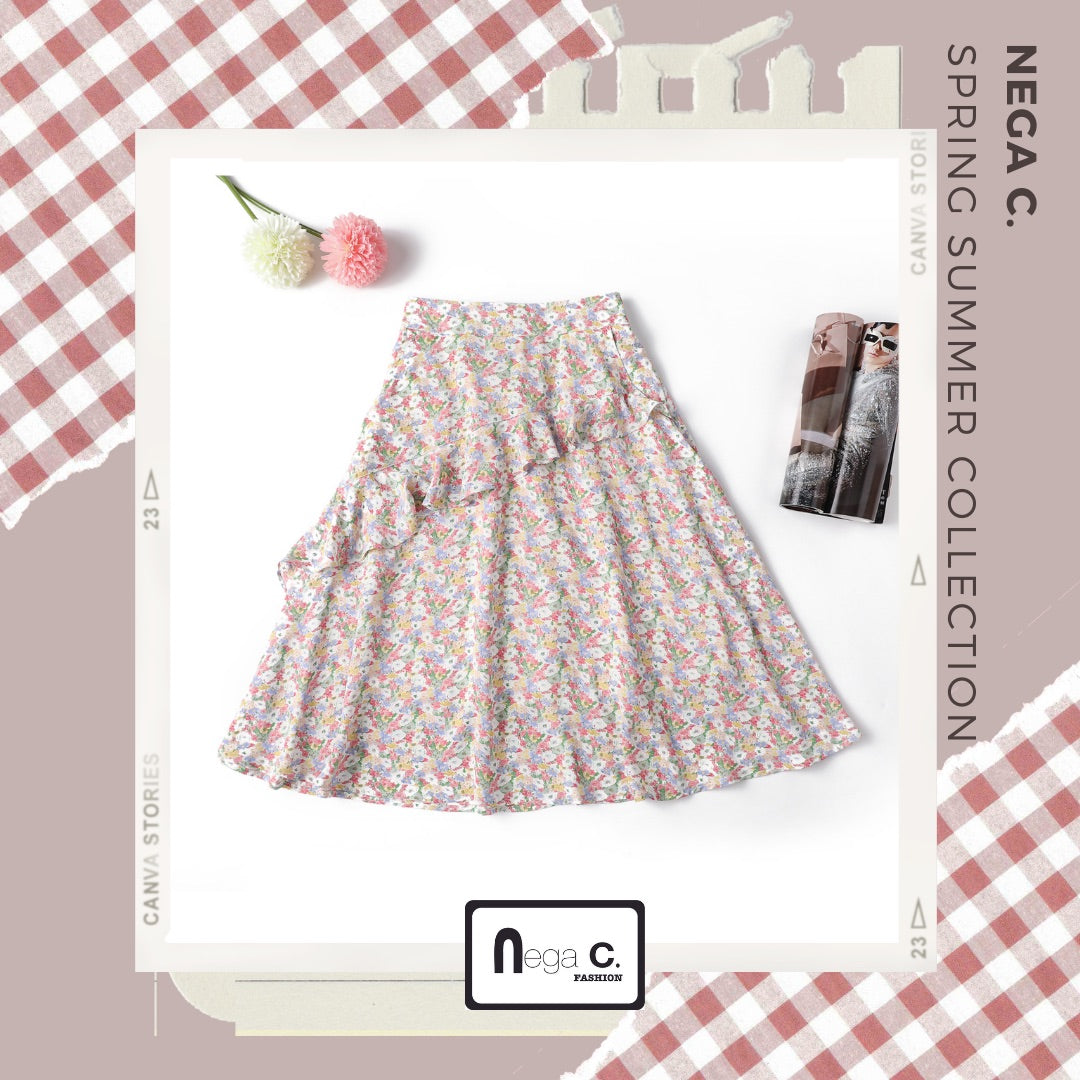 Nega C. กระโปรงมิดิลายดอกไม้เล็ก | สีชมพู | มีซับใน