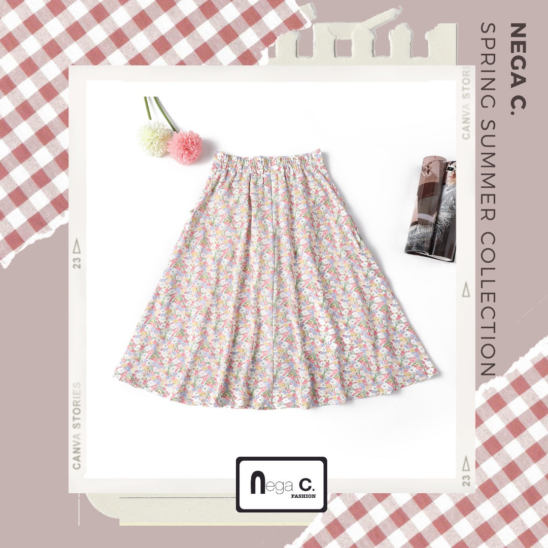 Nega C. กระโปรงมิดิลายดอกไม้เล็ก | สีชมพู | มีซับใน