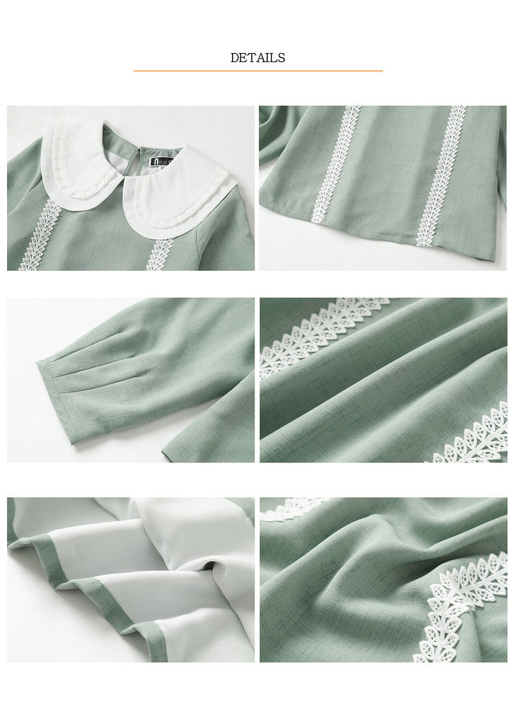 Nega C. เสื้อเชิ้ตลูกไม้คอกลมจับจีบบางสองชั้น |สีเขียว|ซับในแบบเรียบเรียง|