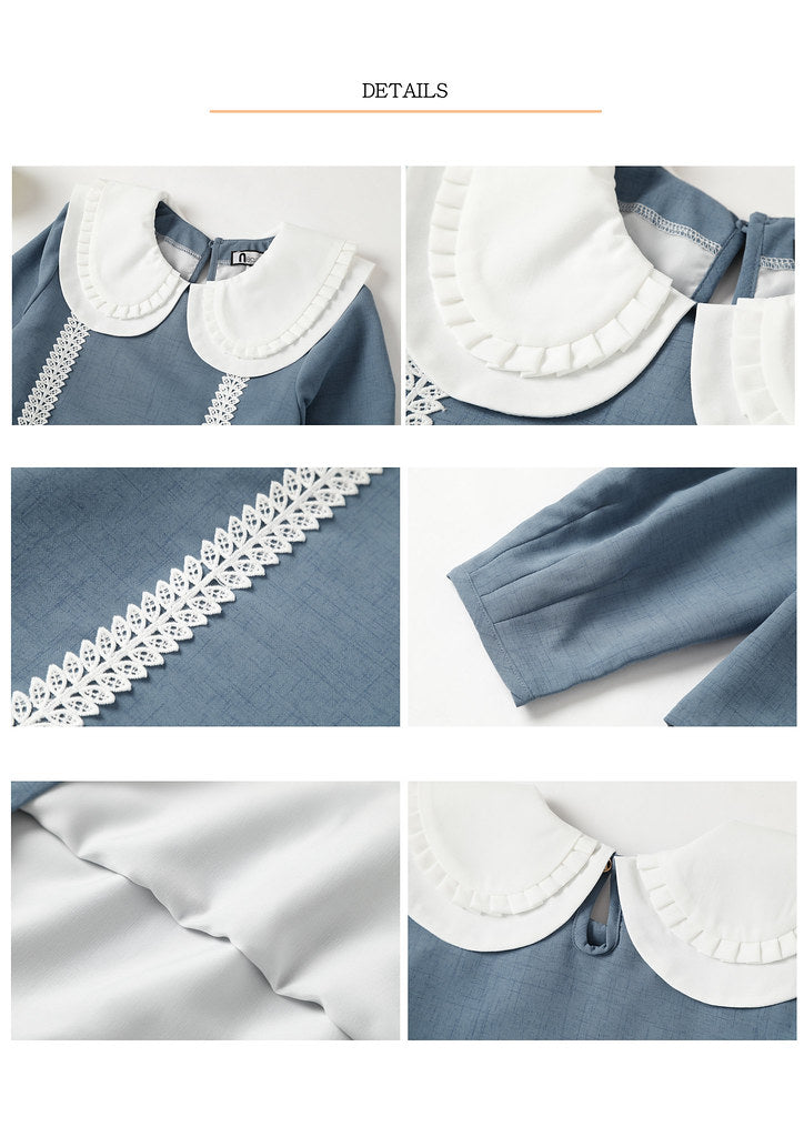 Nega C. เสื้อเชิ้ตลูกไม้คอกลมจับจีบบางสองชั้น |สีฟ้า|ซับในแบบเรียบเรียง|