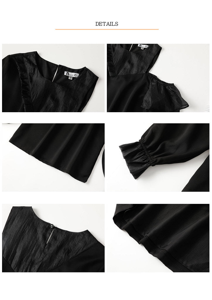 Nega C. Round Neck Pressed Off Shoulder Top|สีดำ|