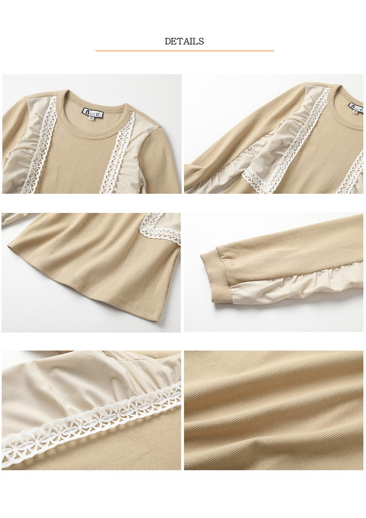 Nega C. เสื้อลูกไม้คอกลมแขนยาว | สีกากี | ยืดเล็กน้อย | ไม่มีซับใน