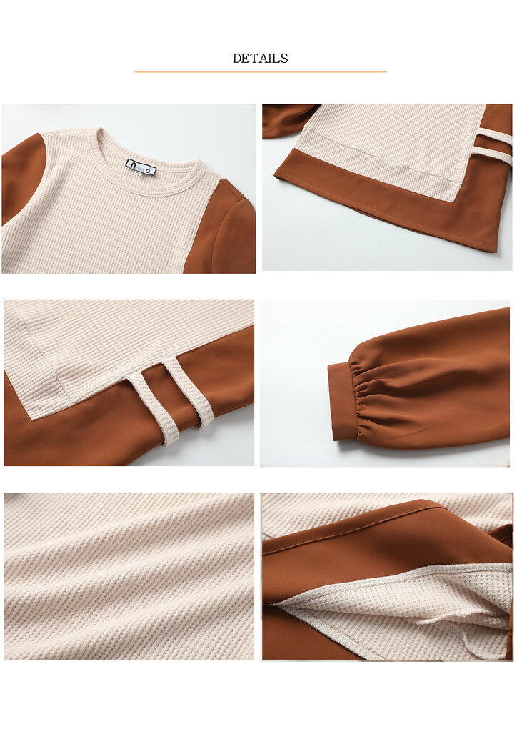 Nega C. เสื้อพัฟเย็บปะติดปะต่อคอกลม | สีน้ำตาล | ยืดเล็กน้อย | ไม่มีซับใน