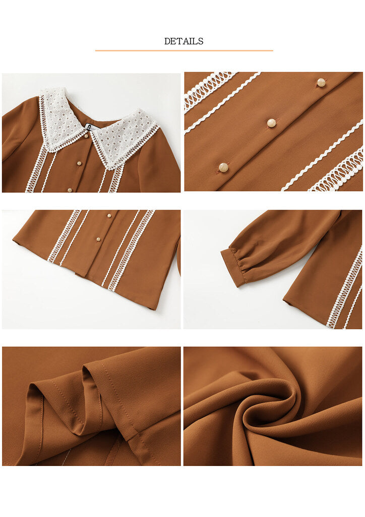 Nega C. เสื้อลูกไม้คอปกใหญ่|สีน้ำตาล|ไม่ยางยืด