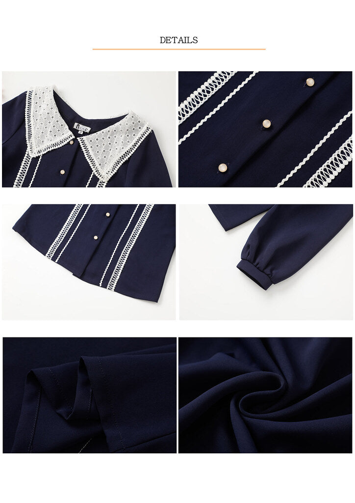 Nega C. เสื้อเชิ้ตคอปกใหญ่ลูกไม้|สีน้ำเงินเข้ม|ไม่ยางยืด