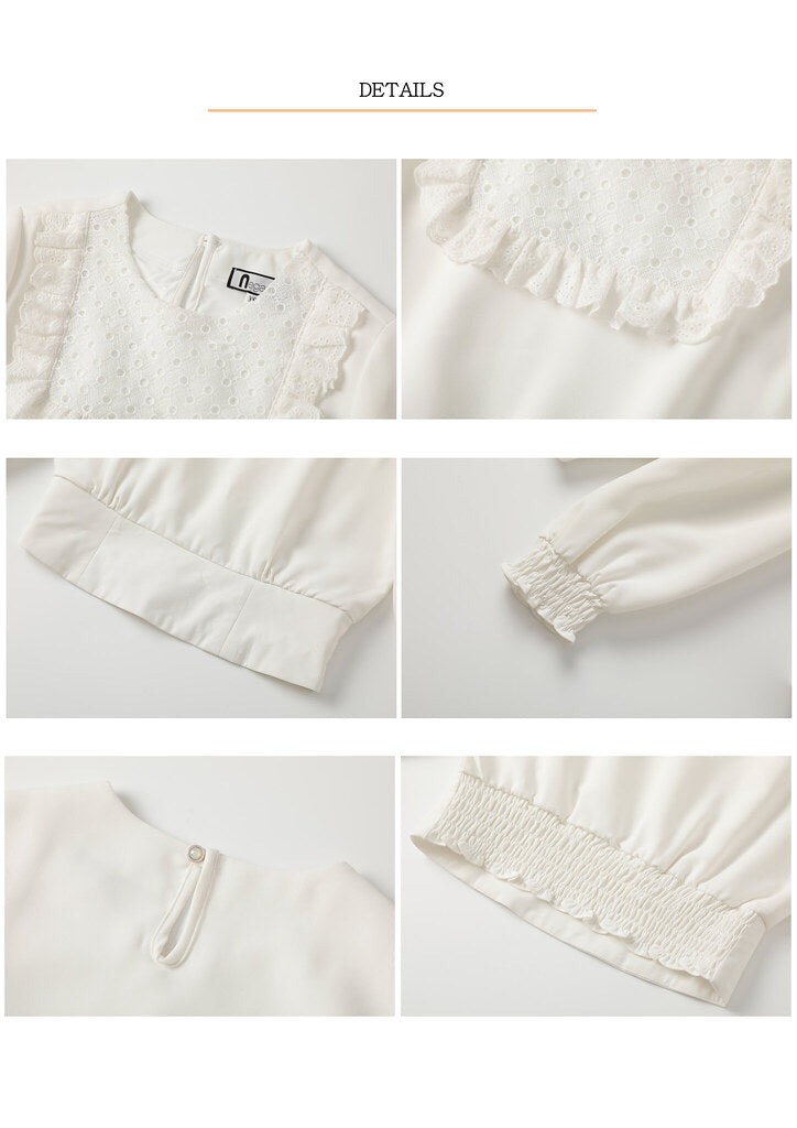 Nega C. เสื้อลูกไม้คอกลมเอวพอดี|สีขาว|ไม่ยืด|มีซับในครึ่งตัว