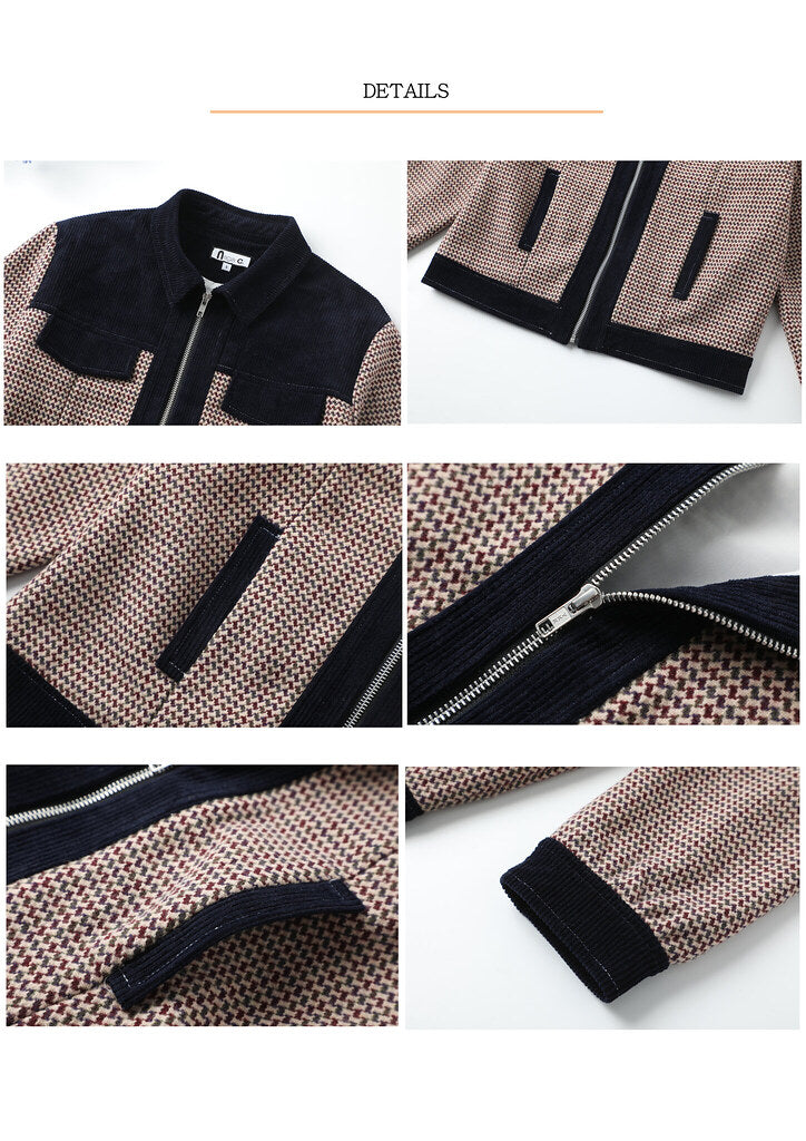 Nega C. Houndstooth เสื้อแจ็คเก็ตงานปะสไตล์วินเทจ | สีน้ำเงินเข้ม | มีซับใน
