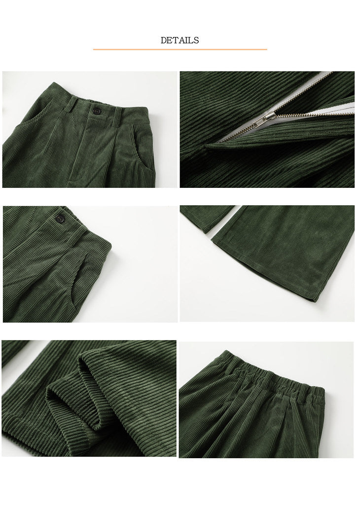 กางเกงขากว้างผ้าลูกฟูก Nega C. | สีเขียว | ยืดหยุ่นเล็กน้อย