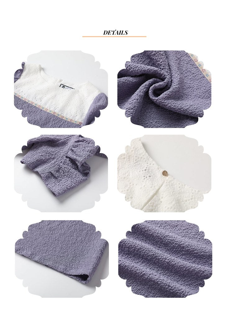 Nega C. เสื้อแขนพัฟลูกไม้เย็บปะติดปะต่อ|สีม่วง|ไม่มีซับใน