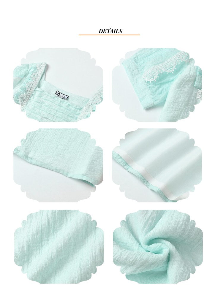 Nega C. เสื้อลูกไม้อัดพลีทคอเหลี่ยม|สีฟ้า|มีซับครึ่งตัว