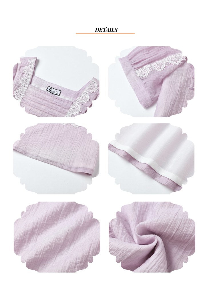 Nega C. เสื้อลูกไม้อัดพลีทคอเหลี่ยม|สีม่วง|ซับครึ่งตัว