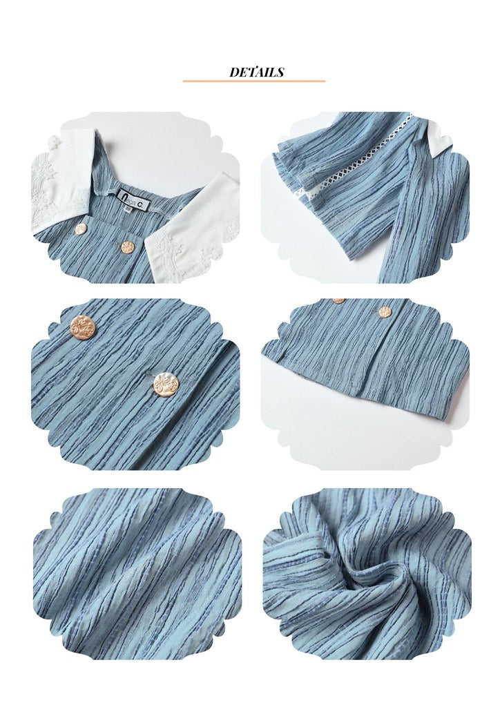 Nega C. Colorblock เสื้อคอกลมกระดุมสองแถว | สีน้ำเงิน | ไม่มีซับใน