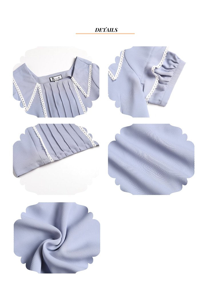 Nega C. 短版修腰方領蕾絲上衣|天藍色|無彈|無裡襯