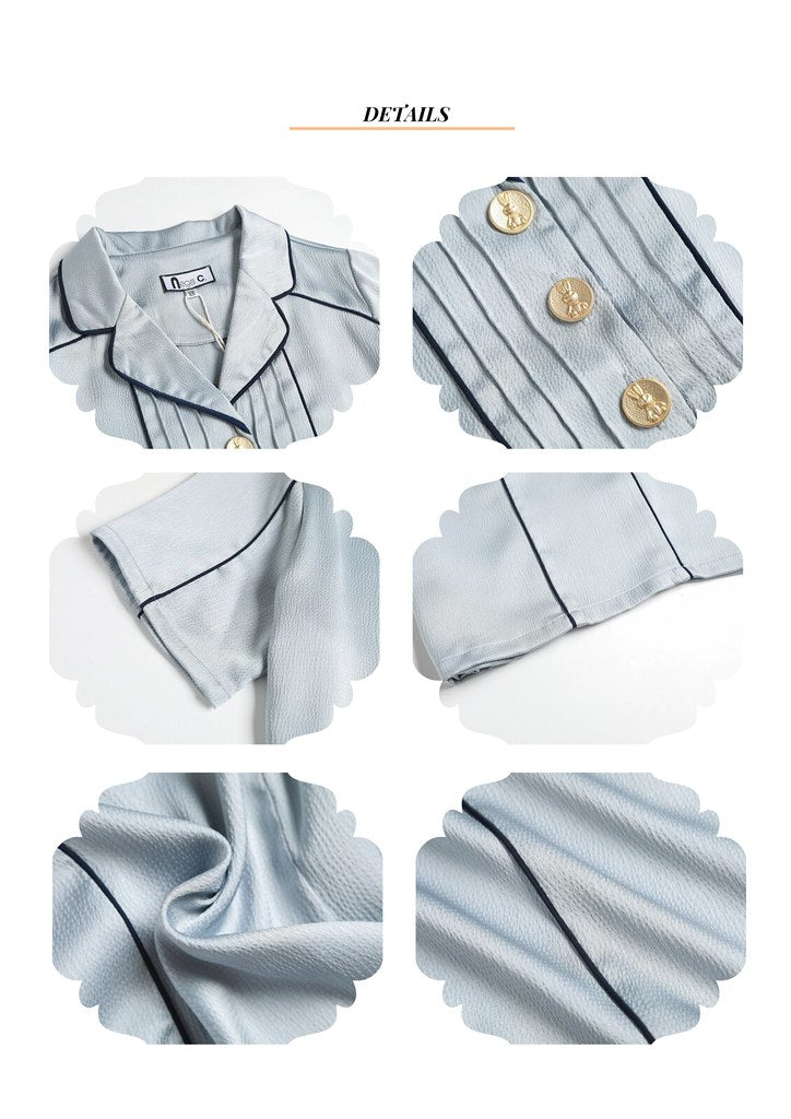 Nega C. Colorblock piping เสื้อเชิ้ตแขนสั้นคอวี | สีน้ำเงิน | ไม่มีซับใน | ไม่ยืดหยุ่น