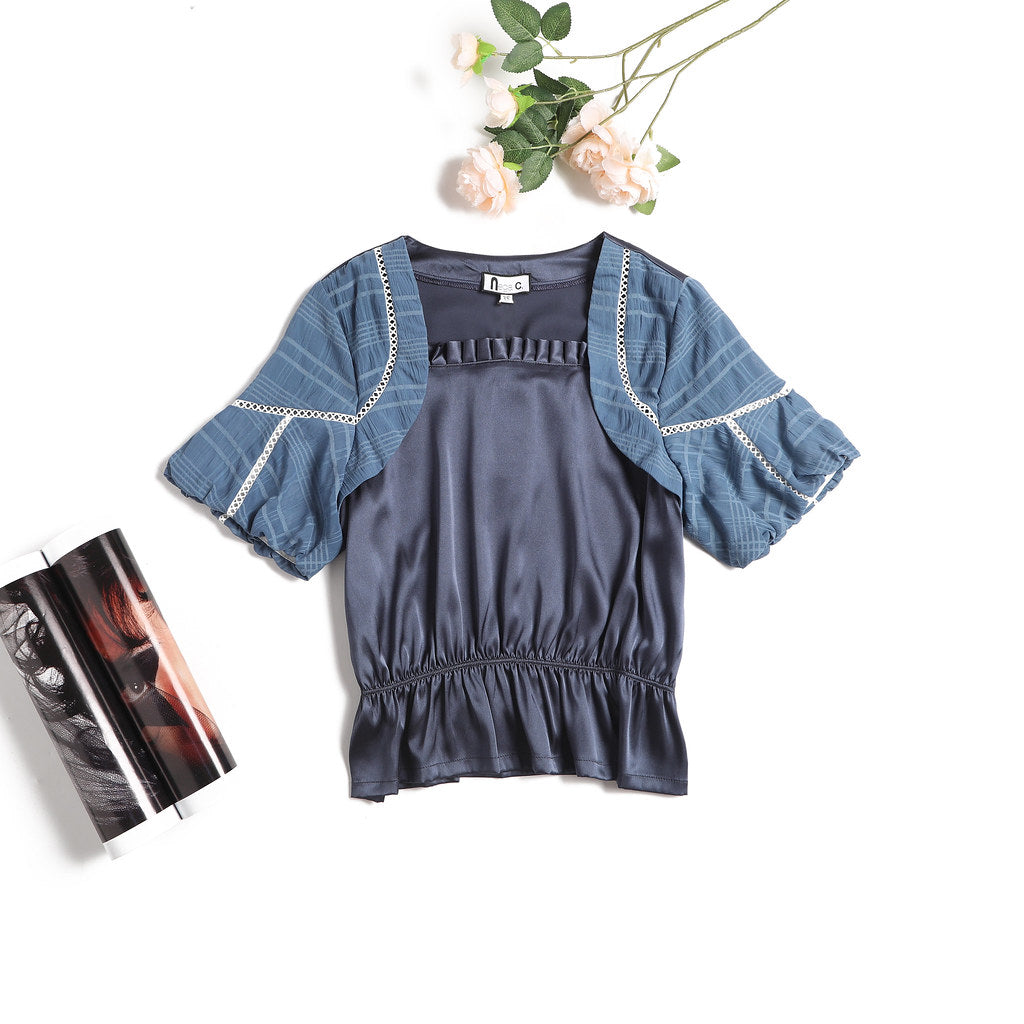 Nega C. เสื้อทูนิคคอเหลี่ยมงานเย็บปะติดปะต่อ | สีน้ำเงินเข้ม | มีซับในครึ่งตัว | ไม่ยืด