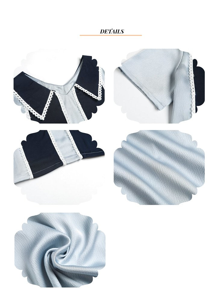 Nega C. Color block เสื้อลูกไม้คอวี | ฟ้า | ไม่ยืด | ไม่มีซับใน