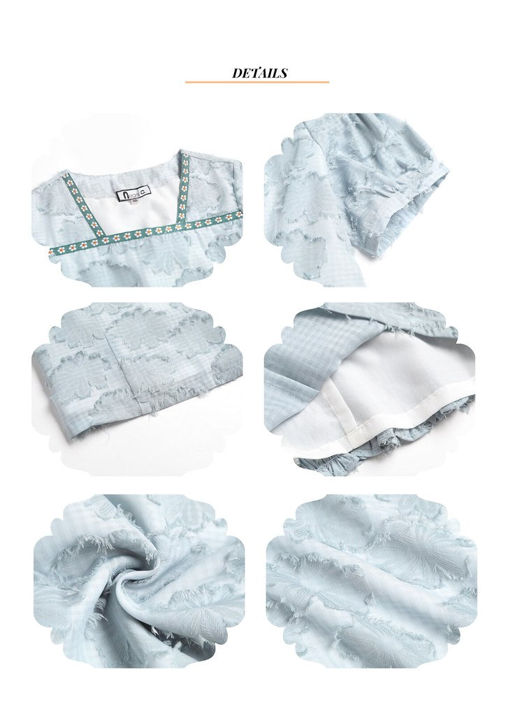 เสื้อแขนสั้นพัฟลายดอกไม้ | สีน้ำเงิน | ซับครึ่งตัว | ไม่ยืดหยุ่น