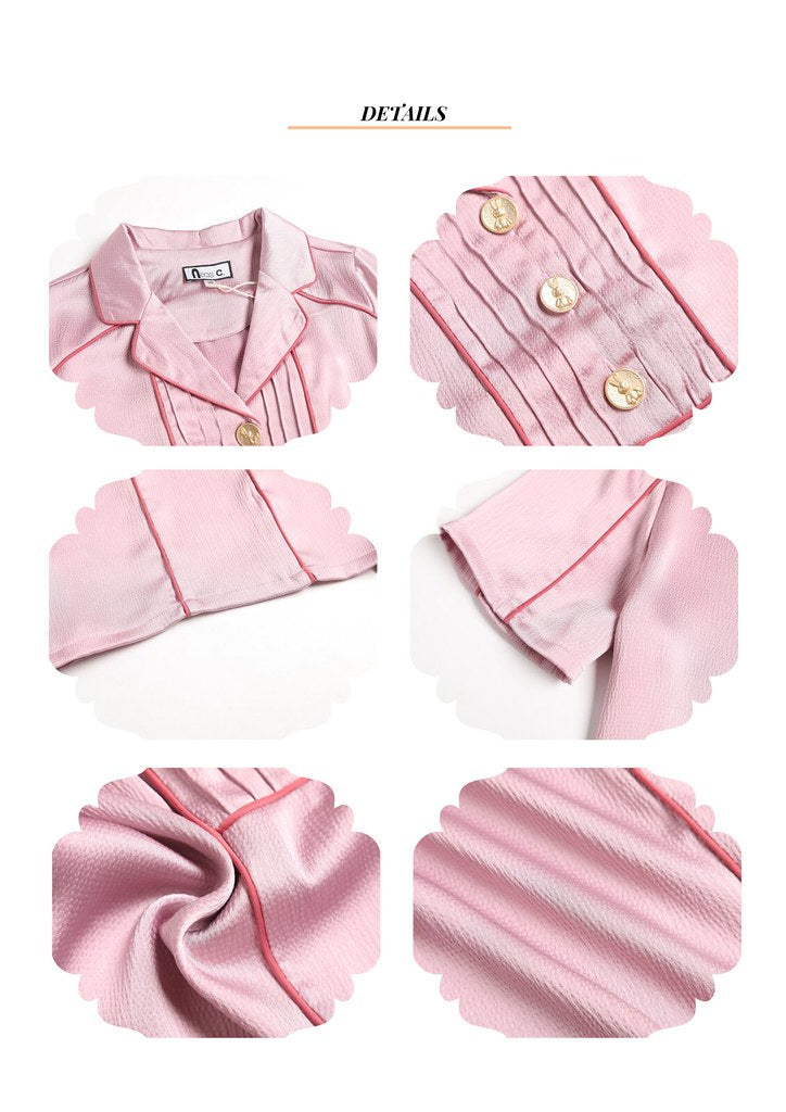 Nega C. Colorblock เสื้อเชิ้ตแขนสั้นคอวี | สีชมพู | ไม่มีซับใน | ไม่ยืดหยุ่น