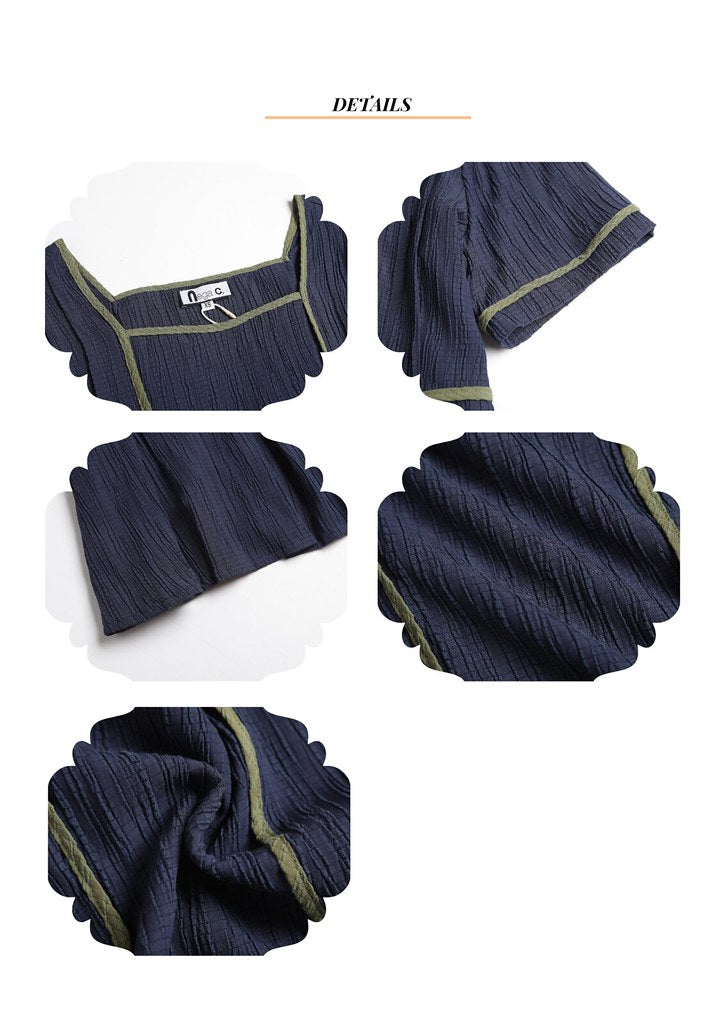 Nega C. 壓摺拼色滾邊方領上衣|深藍色|微彈|無裡襯