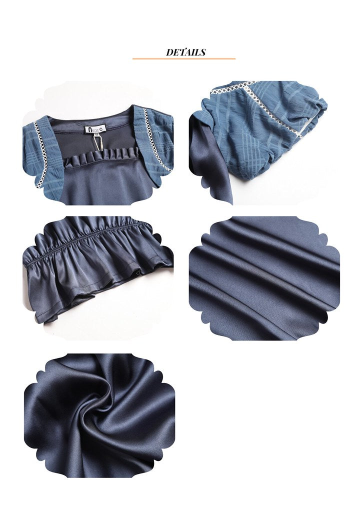 Nega C. เสื้อทูนิคคอเหลี่ยมงานเย็บปะติดปะต่อ | สีน้ำเงินเข้ม | มีซับในครึ่งตัว | ไม่ยืด