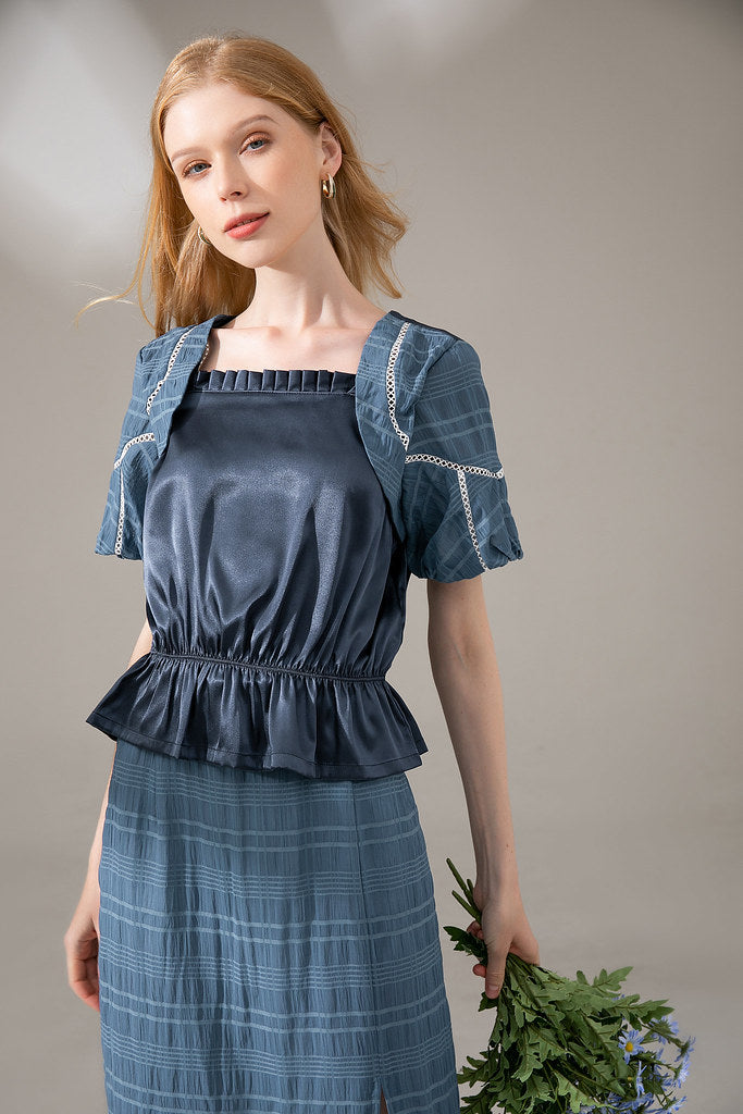 Nega C. เสื้อทูนิคคอเหลี่ยมงานเย็บปะติดปะต่อ | สีน้ำเงินเข้ม | มีซับในครึ่งตัว | ไม่ยืด