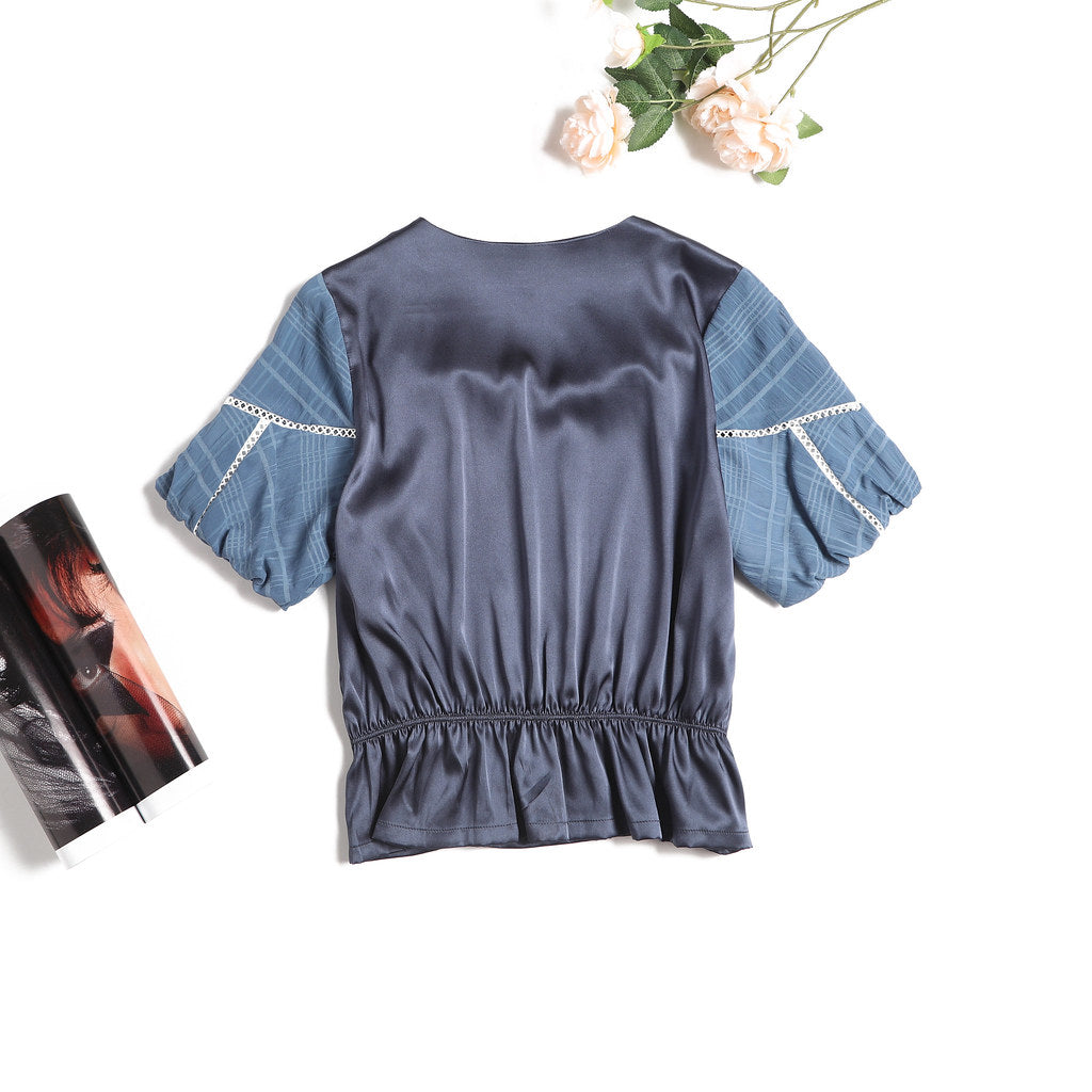 Nega C. เสื้อทูนิคคอเหลี่ยมงานเย็บปะติดปะต่อ | สีน้ำเงินเข้ม | มีซับในครึ่งตัว | ไม่ยืด