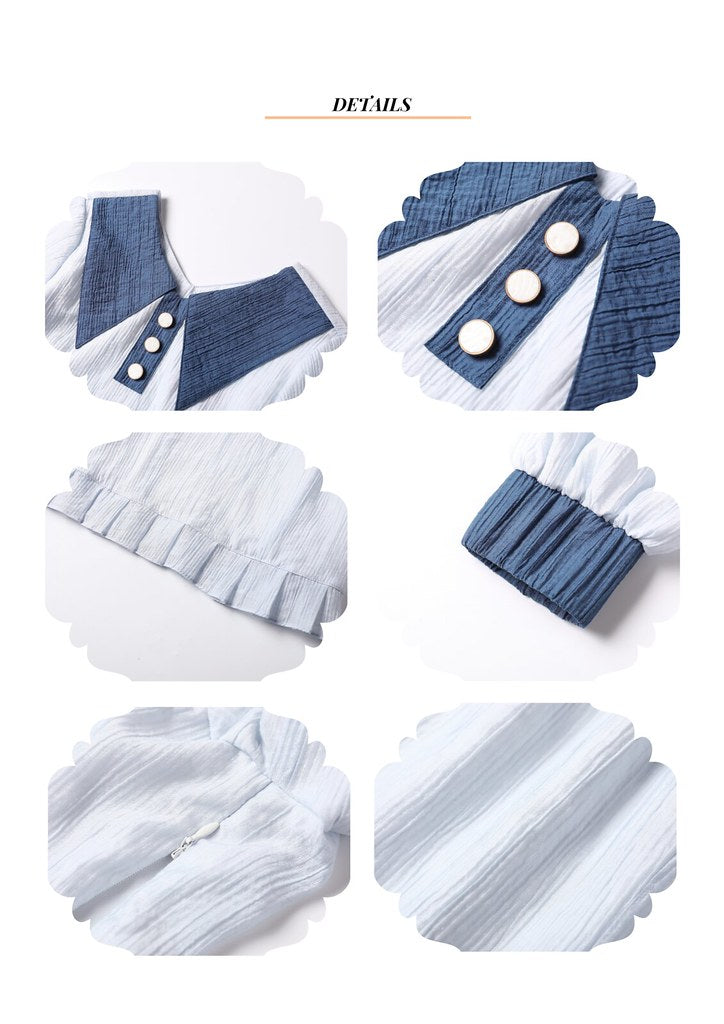 Nega C. 拼色尖領壓摺上衣|藍色|無彈|有裡襯