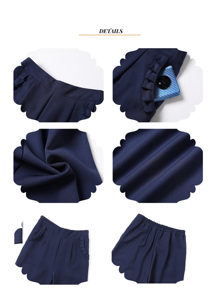 Nega C. 純色荷葉邊闊版西褲| 深藍色| 無彈| 無裡襯