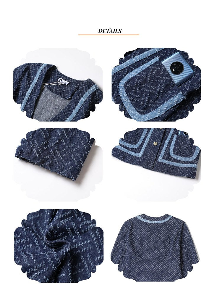 Nega C. V領暗紋牛仔外套|深藍色|無彈|無裡襯