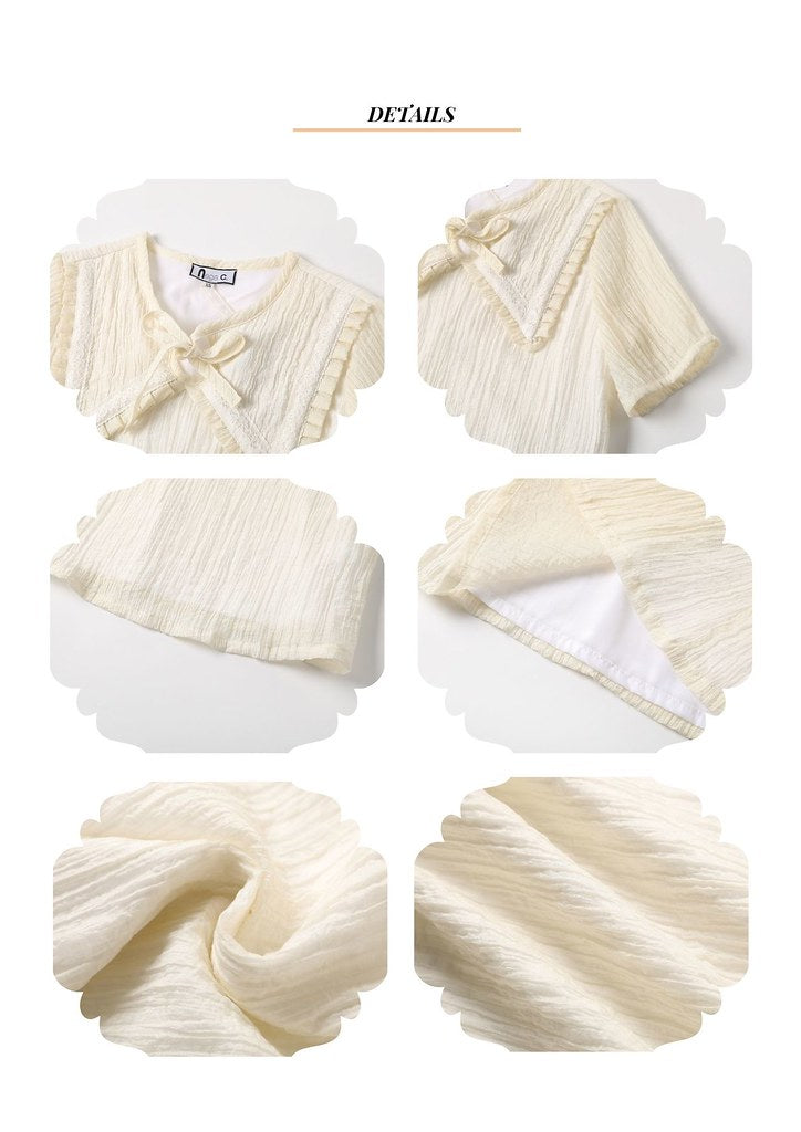 Nega C.เสื้อลูกไม้คอกลมจับจีบติดโบว์ผีเสื้อ|สีเบจ|มีซับใน