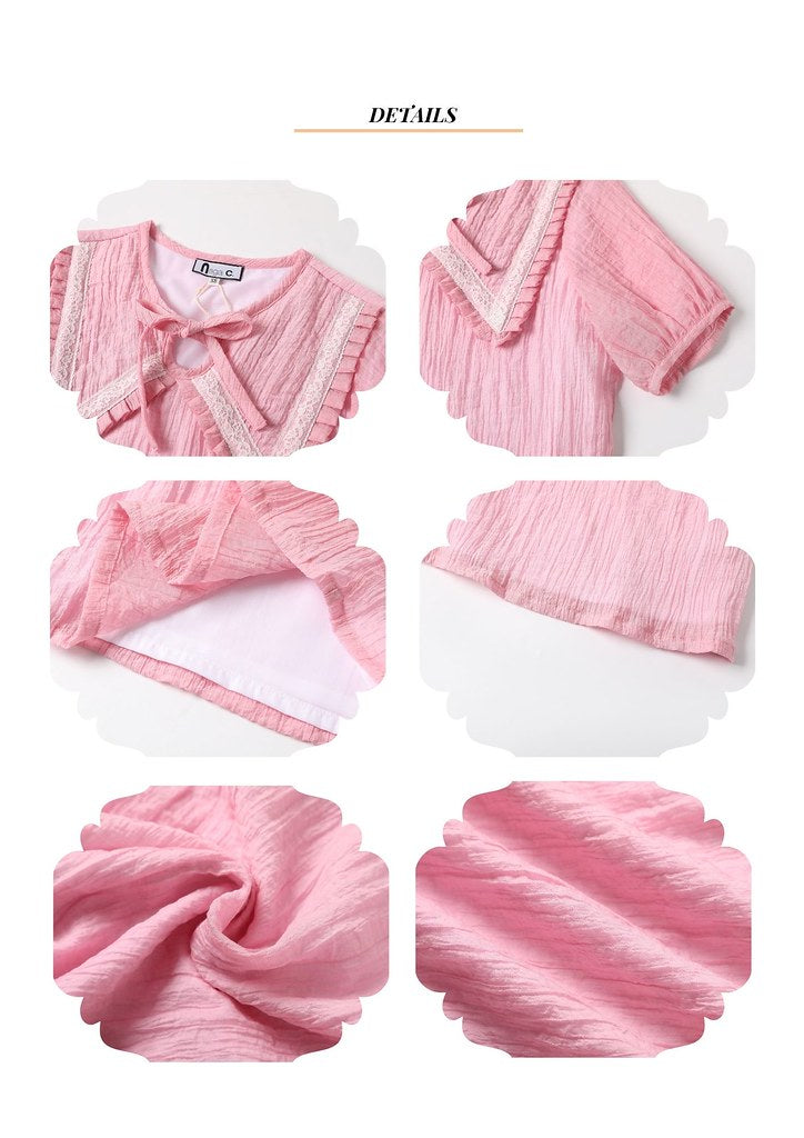 Nega C.เสื้อลูกไม้คอกลมจับจีบติดโบว์ผีเสื้อ|ชมพู|มีซับใน