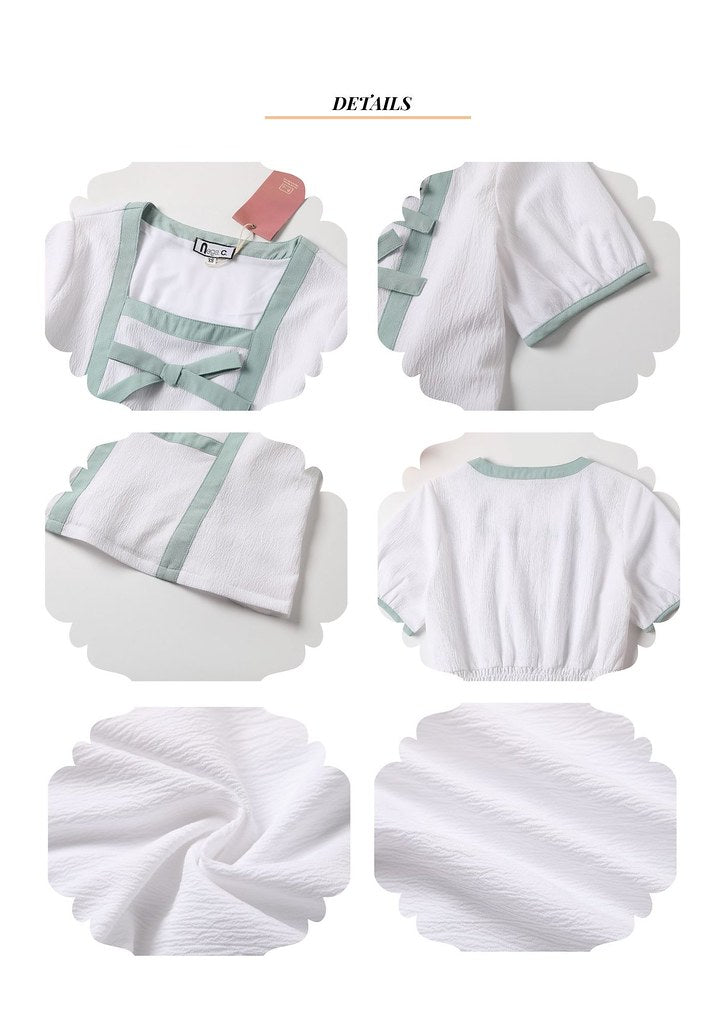 Nega C.เสื้อคอเหลี่ยมคัลเลอร์บล็อคแต่งโบว์คู่ |สีขาว |มีซับใน