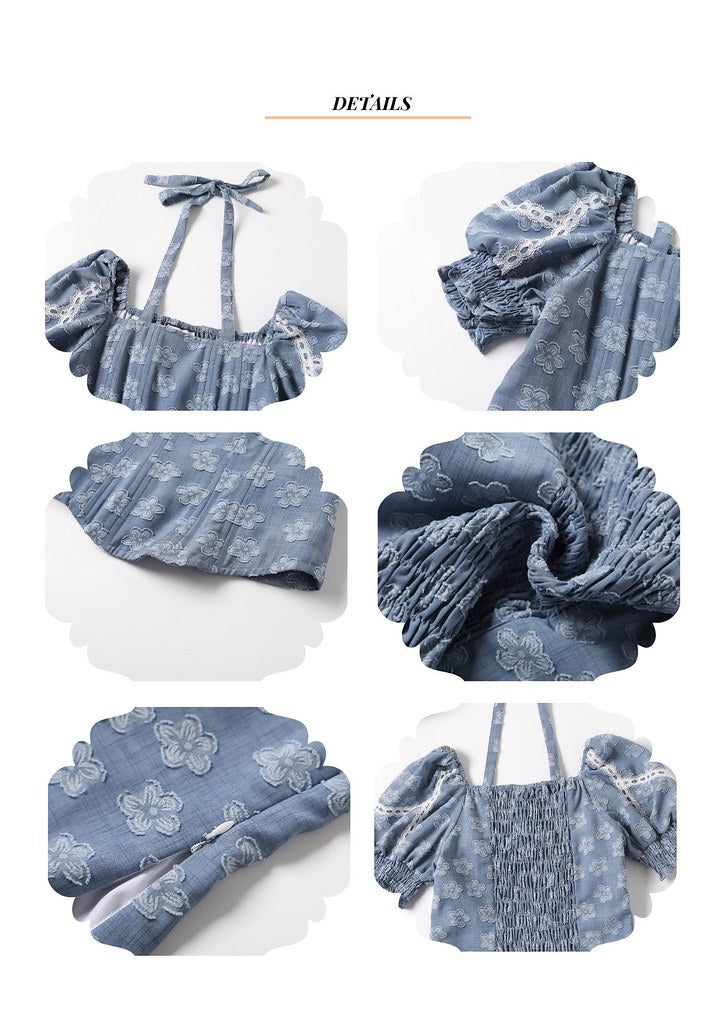 Nega C. เสื้อครอปแขนพองทรงเข้ารูป| สีฟ้า| มีซับใน