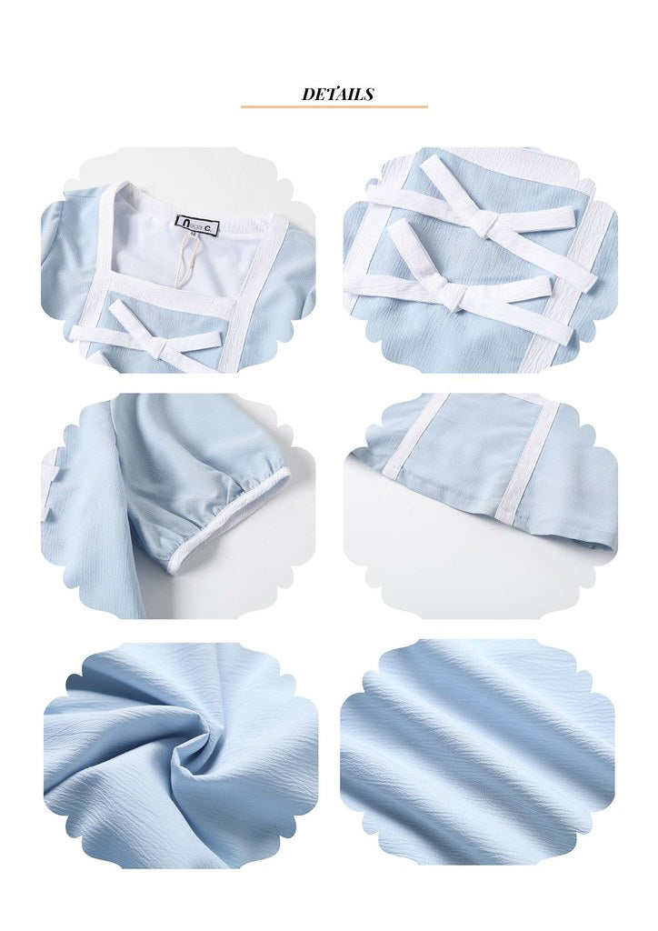 Nega C.เสื้อคอเหลี่ยมคัลเลอร์บล็อคแต่งโบว์คู่ |สีฟ้า |มีซับใน