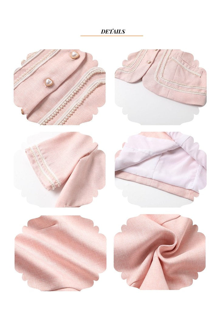 Nega C. เสื้อแจ็คเก็ตแขนสั้นมุกคอกลม |สีชมพู |มีซับใน