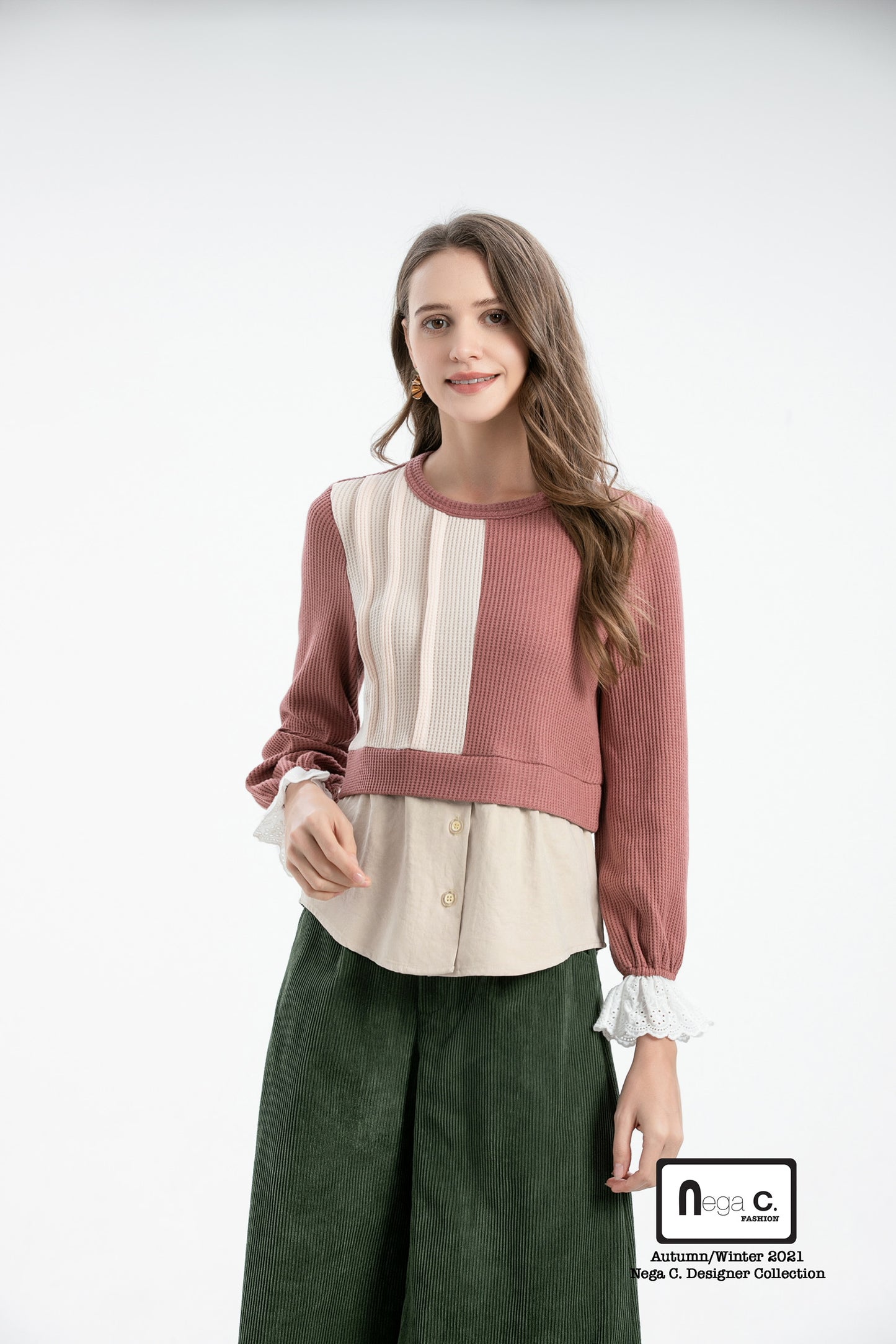 Nega C. เสื้อถักนิตติ้งแพทเทิร์น|สีชมพู|ยืดเล็กน้อย|ไม่มีซับใน