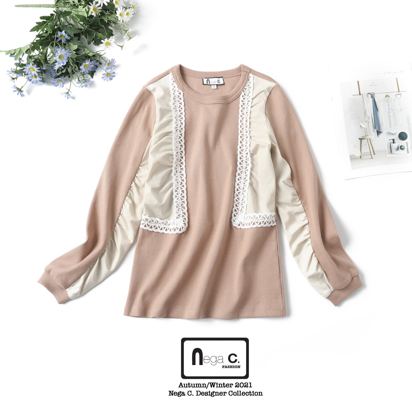 Nega C. เสื้อคอกลมแขนยาวแต่งลูกไม้ | สีชมพู | ยืดเล็กน้อย | ไม่มีซับใน