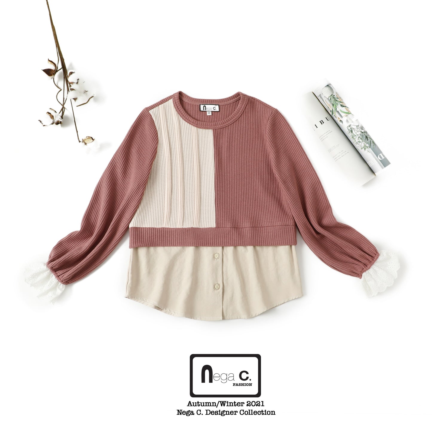 Nega C. เสื้อถักนิตติ้งแพทเทิร์น|สีชมพู|ยืดเล็กน้อย|ไม่มีซับใน