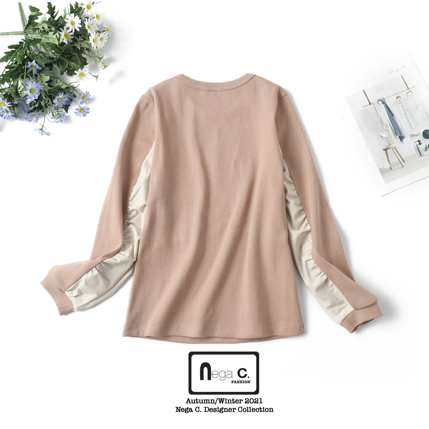 Nega C. เสื้อคอกลมแขนยาวแต่งลูกไม้ | สีชมพู | ยืดเล็กน้อย | ไม่มีซับใน
