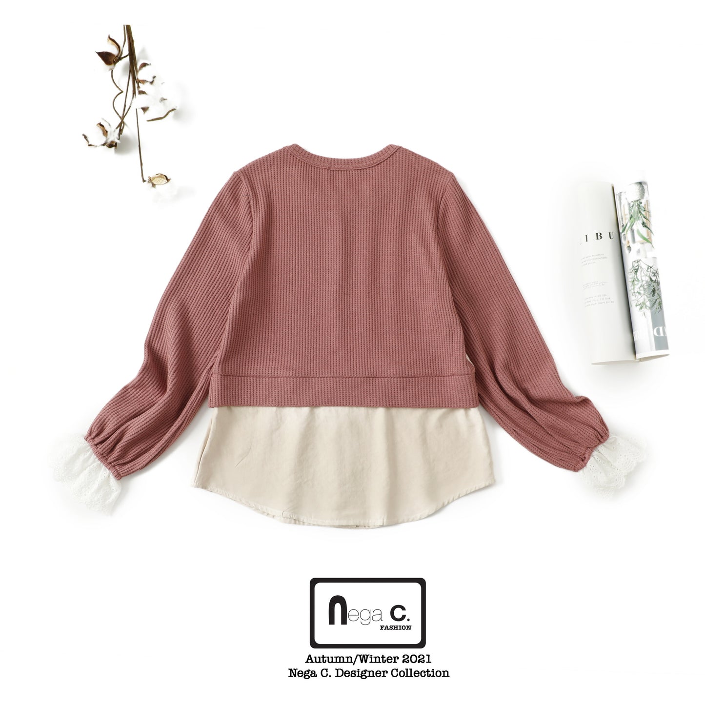 Nega C. เสื้อถักนิตติ้งแพทเทิร์น|สีชมพู|ยืดเล็กน้อย|ไม่มีซับใน