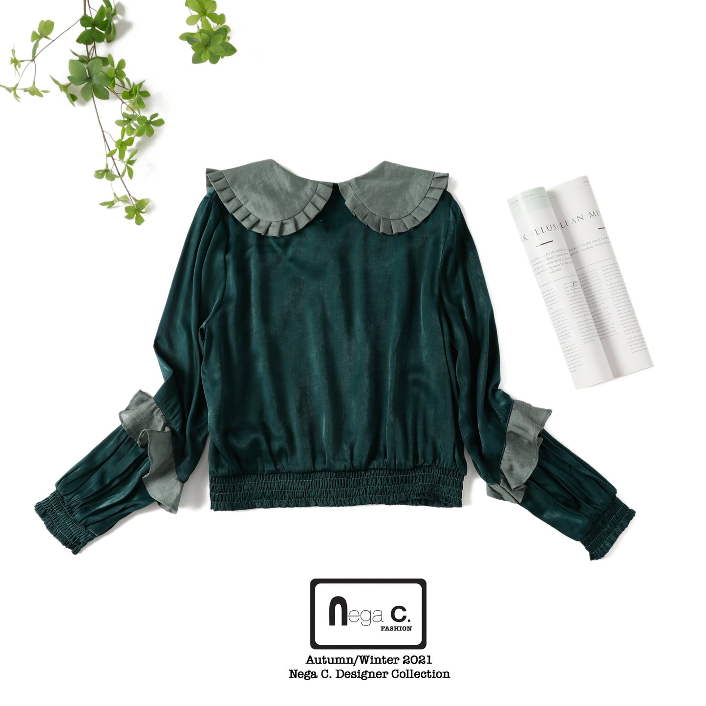 Nega C. เสื้อคอกลมพับกด | สีเขียว |