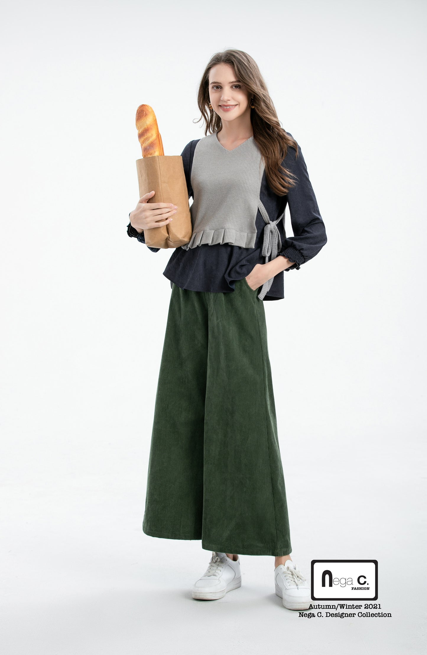 Nega C. เสื้อถักนิตติ้งแขนพัฟ | สีน้ำเงินเข้ม | ไม่มีซับใน